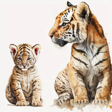 Mum & baby Animals Watercolor, Baby Animals, Tiger and baby tiger, watercolor clipart, Tropical, Africa, African Animals, watercolor clipart, baby shower, transparent background, png, high detail, 8k - d, 32k