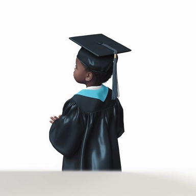 a black toddler graduate, with a light blue graduation cap, 3k graduation, sideview, faceless, hands up, soft illustartion, clipart
