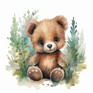 watercolor, woodland, cute, friendly, baby bear, clipart, whitebackground