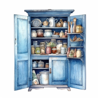 watercolor, hyper realistic, white background, white margins, 16k, ultra detailed clipart, cut out image, hand-drawn vintage blue cupboard with a worn finish, holding a collection of vintage enamelware and tinware.