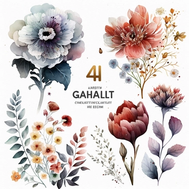 watercolor perfect detailed complicated a complete sheet with 4 different flower clipart with white background realistic colors, white background