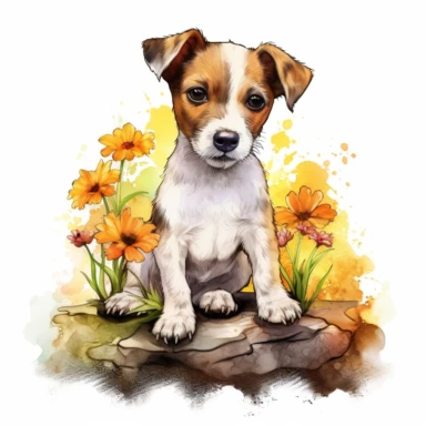 An intricately detailed watercolor clipart illustration displaying an ultra-realistic [specific design idea, like Adorable cute beby Jack Russell Ter'er sits, grass and flowers on the back of the puppy  ], isolated on a white background, in the style of ultra-detailed watercolor clipart illustrations, HDR watercolor clipart illustrations, 32K watercolor clipart illustrations, hyperrealistic watercolor clipart illustrations, ultra-intricate watercolor clipart illustrations, high-resolution waterc