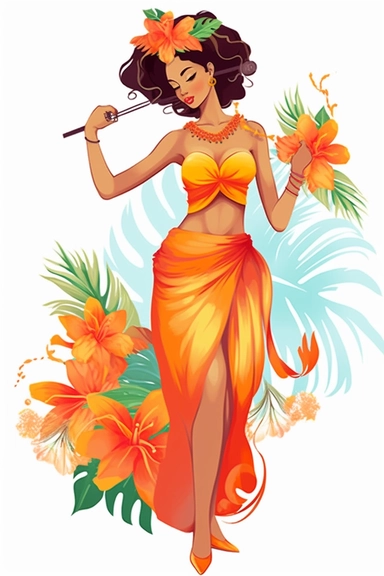 a woman hawaiian doing a luau on a beach, retro cartoon, drawing clipart, Tropical Sublimation, Coconut Girl, Hibiscus, white background
