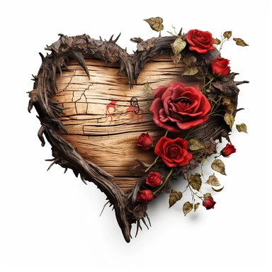 valentine heart, made out of wood with bark still showing, flowers twisting around it which are red and black roses, clipart, white background, hd, in the art style of Frank Frazetta, spaced out