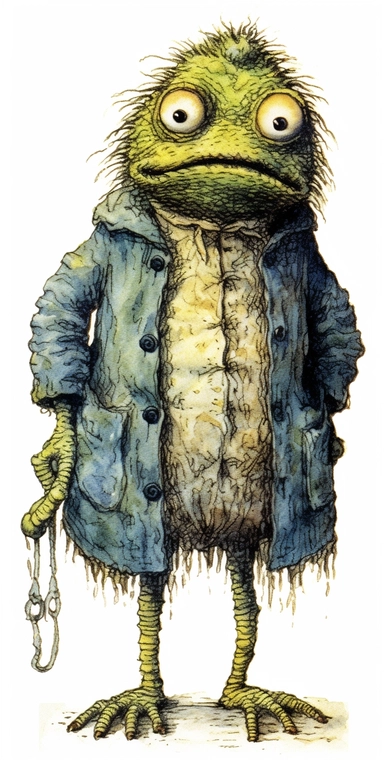 vintage single creepy crawly slimy monster full body portrait, clipart, white border, richard scarry, randolph caldecott, bernie wrightson, ben templesmith, kate greenaway, beatrice potter, edward gorey, charles addams, maurice sendak, white background