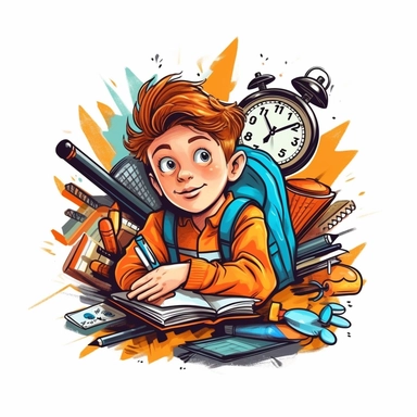Stopwatch, pencils, a young child looking cool, doing homework with determination, vector style graphic, positive vibe, clipart, single design, white background