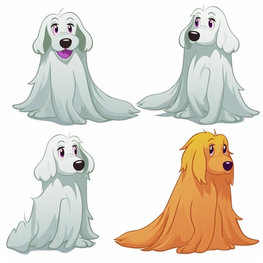 a disney cartoon of a ghost dog, yellow fur, cute, one ear sticking up and the other is down, clip art on a white background, 4 colors total in the entire image, no shadows, flat image, 2d, no gradients, simple, flat