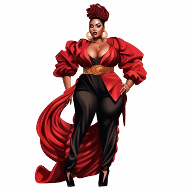 socialite black woman bods, plus size, long massive braids, full glam, fashion icon, talented and good vibes, dressy pant and couture frilly outfit, clipart, Juneteenth colors, white background
