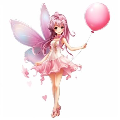 Fairy Clipart, Japan Anime style, beautiful smiling cute fairy holding a balloon, full body, on a white background