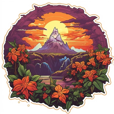 volcano erupting, close up, a sticker, artwork of t shirt graphic of majestic forest, in digital painting style , beautiful flowers, sunset mountains and clouds , big vines, stone temple covered in vines, white background, colorful fantasy flower surround, highly detailed clean, vector image, photorealistic masterpiece, professional photography, realistic, flat white background, isometric, vibrant vector, clipart, illustration, realism, 4k, , cinematic, front view, white background, paradise, ex
