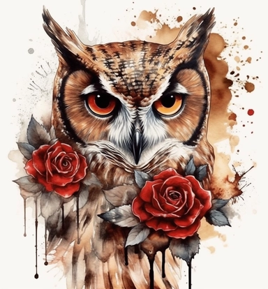 DESIGN A MAGNIFICENT AND EXQUISITE BREATHTAKING ONE-OF-A-KIND HIGH QUALITY HIGHLY DETAILED MASTERPIECE WATERCOLOR CLIPART ILLUSTRATION OF with a red rose owl, this tattoo design measures 33 % bigger than a regular owl tattoo, in the style of digitally enhanced, white and amber, gothic illustration, shiny eyes, humorous animal scenes, ivory, dadaist mixed-media art, WHITE BACKGROUND