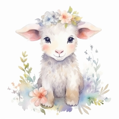 Watercolor Cute Little Baby Sheep, Clipart, Surrounded by flowers, White Background, Isolated, Outlined