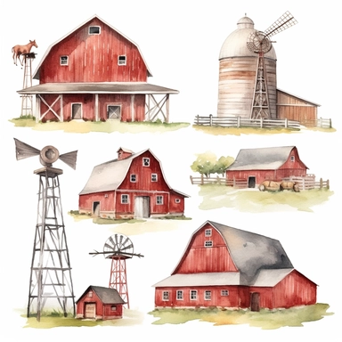 Watercolor Barns Clipart. Farm Style. Red Barn House, Horse, Tractor, Windmill, Wood Gate Illustrations. Wedding Invitation DIY white background