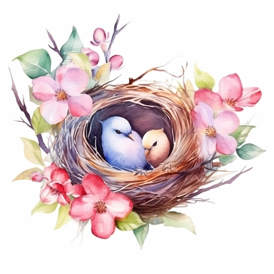 Watercolor nest Clipart, springtime, cute, Bird nest, flowers, blossoms, Spring