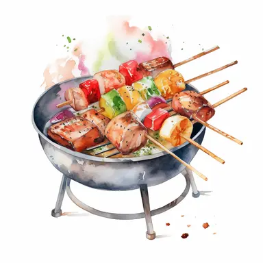 Watercolor BBQ Clipart - Barbeque grill kebab clipart , Watercolor Clipart , original hand drawing, style of the artwork, mood of the artwork, white background, 8K quality, ultra detailed , clipart, white background, High Quality, ultra detailed