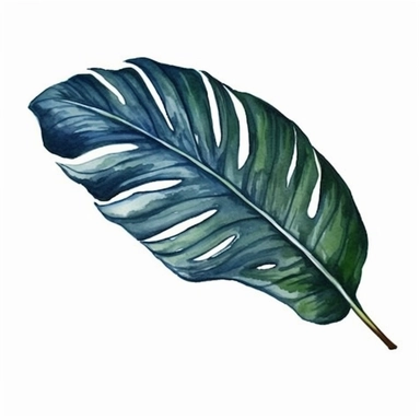 Tropical Obovate Leaf side angle in Watercolor hyper-realistic detailed illustrations, elegant water ink brush strokes techniques, delicate markings, monochromatic paintings, free brushwork, watercolor illustrations, painted illustrations Clipart, White Background Clipart, White Background