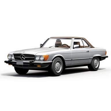 A stylized, clipart rendition of the 1975 Mercedes-Benz 450SL in its classic Astral Silver Metallic. The car's timeless design, with its distinctive front grill and convertible roof, are translated into sleek, geometric shapes. Against a pristine white background, the image communicates the vintage charm and sophistication of this classic Mercedes-Benz.