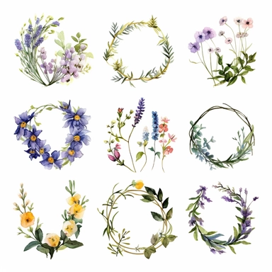 A delightful and captivating collection of watercolor wildflower floral botanical wreaths for clipart, featuring hand-painted wildflowers arranged in elegant circular designs. Each wreath showcases an array of different wildflowers, such as daisies, poppies, and bluebells, in soft, natural hues that blend harmoniously to create a dreamy, ethereal atmosphere. The artist's attention to detail and skill in the watercolor medium are evident in the delicate petals, leaves, and stems. These enchanting
