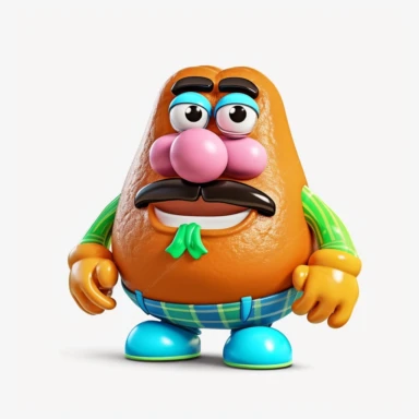 Mr Potato Head toy, bold colors, retro neon style, photorealistic, high-resolution photography, transparent background PNG clipart – ar 16:9
