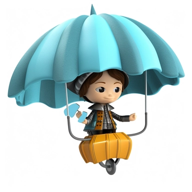 A digital pre-cropped clipart of a [flying umbrella that doubles as a personal mini-jetpack]