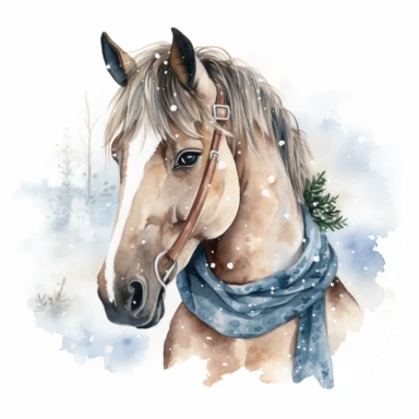 adorable watercolor winter illustration clipart, horse portrait in the snow, winter, dark colours, highly detailed, markers copic style, white background