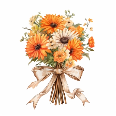 Generate a clip art bouquet with a mix of orange flowers, such as marigolds, daisies, and poppies, tied with a rustic twine bow, against a white background.