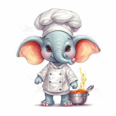 cute baby elephant in a Chef Costume, cartoon clipart, isolated white background, 32k