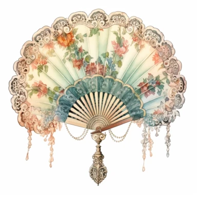 Victorian Hand Fan: Design a clipart featuring a beautiful Victorian hand fan with intricate lace detailing and a decorative handle, watercolor Clipart, watercolor Sublimation graphics, hand drawn illustration by james christensen style, Watercolor clipart, single design, single object, print on demand image, PNG transparent background, white background for removing background - - no text shadow font watermark, 8k