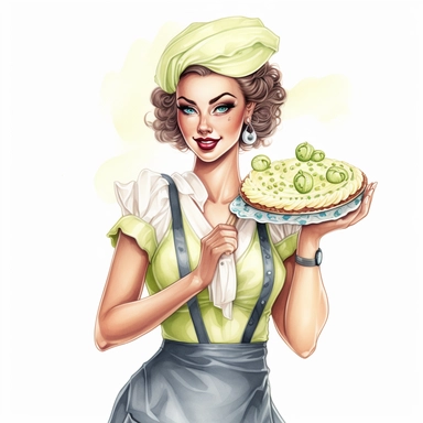 hand drawn pin up woman, wearing a bakers hat, light blue and white striped apron, holding a key lime pie anf limes, glamorous, half body, very detailed and realistic, watercolor, white background with margins, clipart style