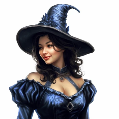 beautiful asian victorian witch with black hair wearing a pointed witch hat, looking left, victorian hairstyle, victorian witch hat, Victorian era clothing, beatiful smile, realistic inverted portrait white background, high quality, hyper-realistic, witch Clipart,blue dress