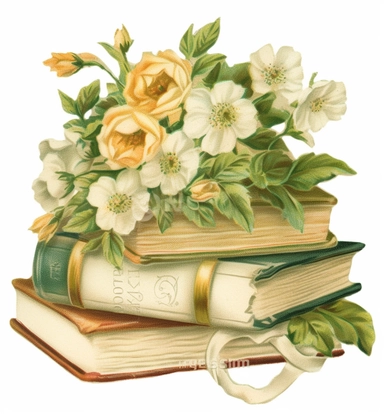 watercolor clipart stack of books with flowers, in the style of victorian-inspired illustrations, highly realistic, academic art, green and beige, dye-transfer, detailed foliage, артур скижали-вейс