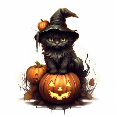 mystical fantasy cute witchy black cat with big halloween pumpkin clipart, hd 4k, detailed, focused, isolated on white background