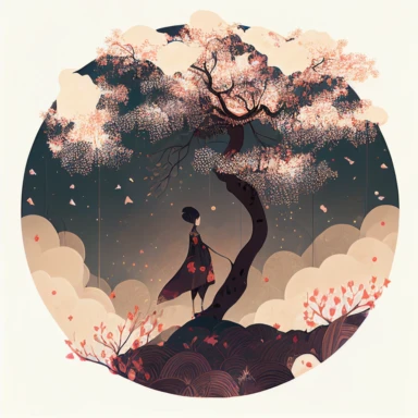 in the style of Ryo Takemasa, xuan loc xuan, Lisa Audit, Anastasia Suvorova, Jon Klassen, greg tocchini, single lady under sakura tree at night, fantasy, limpid, magical, mysterious, white background, vector, clipart, elaborate, ultra-detailed, best quality illustration, vibrant colors, high definition, UHD