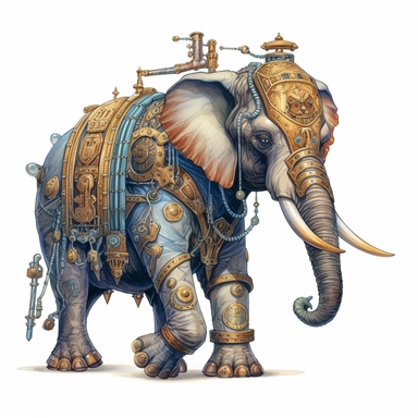 professional gouache hand-painted full body illustration of a steampunk elephant, Victorian clipart, isolated against white background, accurate, natural form, simple playful style, deep colour, softly lit by golden hour sunlight