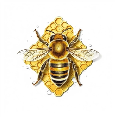 single honey bee on honey hive, top view, vector clipart, saturated colors, isolated on white background, uhd, sharp detail