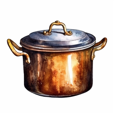 vintage brass cooking pot, watercolour and ink illustration, high quality, sharp image, clip art, white background