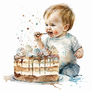 a first birthday cake with watercolor effect,a little happy boy eating the cake,suitable for digital clipart,white background