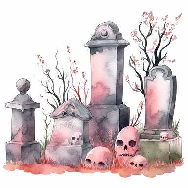 Halloween tombstones, pink and gray, watercolor, clipart, illustration, white background no watermarks
