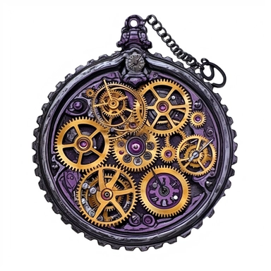 Steampunk pocket watch with a purple face and gold gears, watercolor, Steampunk, dark purple color theme, Detailed, clipart, white background, watercolor, hyperrealism, high detail, isolated elements
