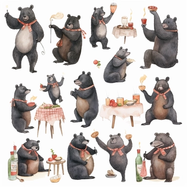 multiple poses characters of Black Bear enjoy with party in the garden, watercolor in medieval cartoon grunge style clipart on white background