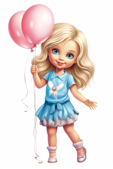 hp clipart,super cute 2 year old girl dressed in light summer clothes holding pink balloons in his hand, big blue eyes, long blond hair, on white background, vector , fully detailed, full body figure view