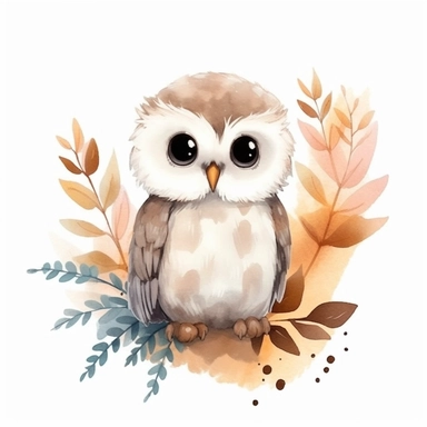 The clipart features a 4K quality illustration with a dreamy and calm atmosphere. The background is a simple, minimalist, and uniform color, creating a clean and soothing backdrop. The clipart depicts a small cute baby owl, portrayed as an irresistibly adorable little creature, with simple watercolor brushstrokes capturing its wise and endearing nature. The cute baby owl is illustrated in a childlike style, with fluffy feathers, big round eyes, and a curious expression. Its eyes are filled with 