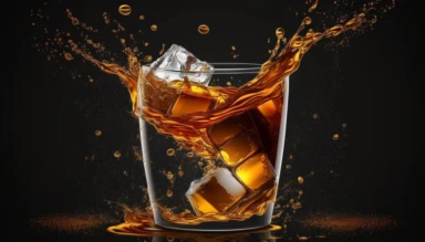 Splash cola, soda, cold tea or coffee with ice cubes. Splashing drink in glass cup with air bubbles. Isolated summer cocktail or whiskey alcohol beverage, Realistic 3d vector illustration, clip art , professional photography with lots of copy space UHD 8k