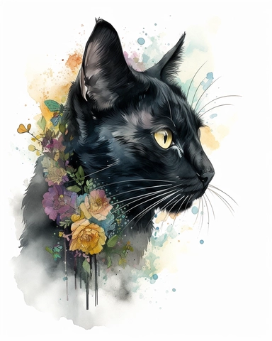 Watercolor Painting of black Bombay cat head on white background good anatomy, DETAILED ILLUSTRATION, Flora Design Patterns, Flemish Baroque by Rachel Ruysch, Behance, Rococo, Intricate Detailed, Soft Light Effect, Oil Paint Strokes, Light Academia Aesthetic Flowers, Lighting cinematic, all shown shimmering stamens, tyndall light, texture, colorful, 8k, fantasy, ray tracing, vivid, spectacular lighting, octane rendering, highly detailed, ultra - realistic, white background, clipart