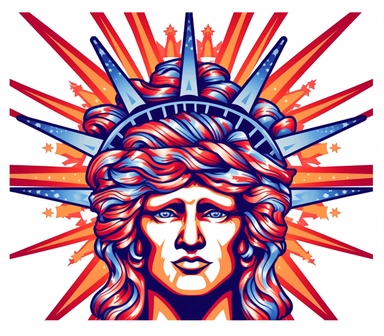 Create a bold and eye-catching clip art that showcases Freedom in patriotic colors, emphasizing the spirit of independence and liberty, white background, in the style of psychedelic -