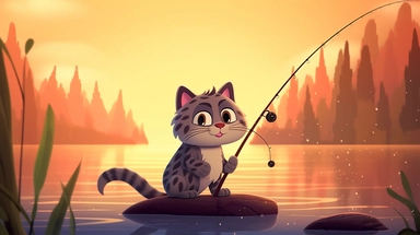 fishing cat ，in the style of pixar clipart ，Rich scene background