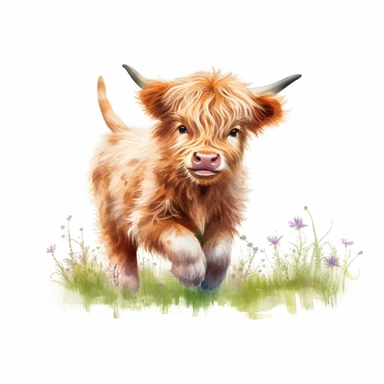a sweet baby highland cow chews grass, sticks out tongue, drinks water, smiles, runs on grass clipart with watercolor illustration,full body shot,8k,etsy style, white background