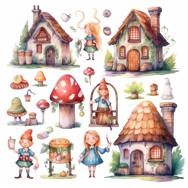 Watercolor hansel and gretel , illustrations clipart set, simple , cartoon elements, fairy tale theme and elements, different characters, palace , different variants , , separate elements with a margin