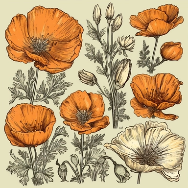 California poppies hand drawn vector, clipart