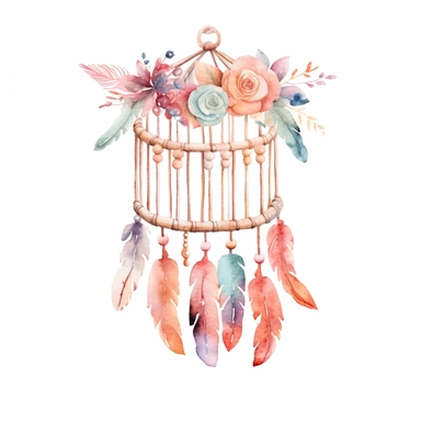 realistic watercolor boho baby Crib Mobile, isolated white background, babyshower clipart, 8k, soft multicolor boho colors